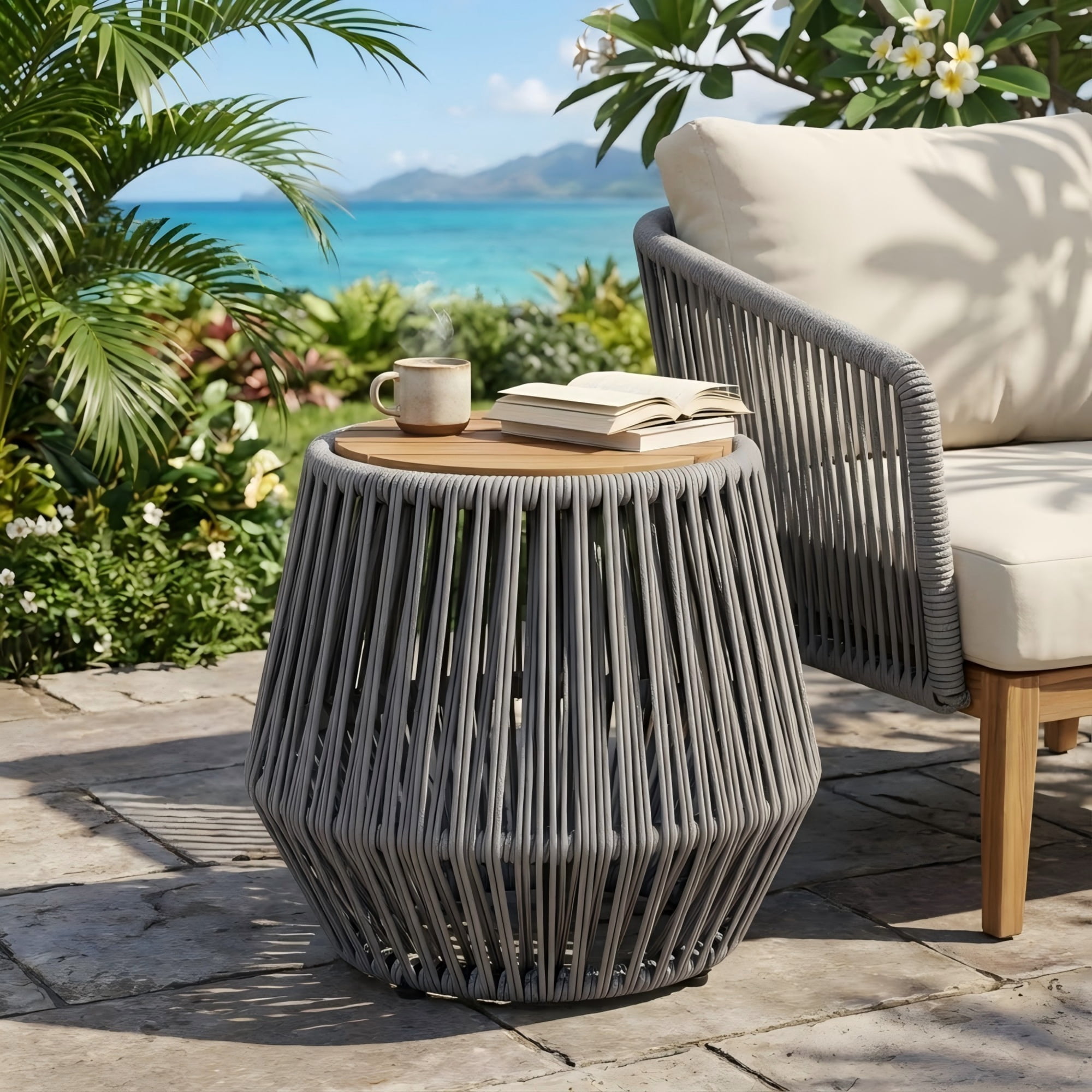 Side Table with Acacia Wood Top and Grey Rope Base, Outdoor Patio End Table and Coastal Accent Table for Garden Balcony, Teak and Grey