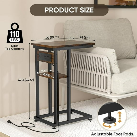 Side Table with Charging Station, C-Shape End Table, Dual USB-C Ports, Couch Table, Bedside Table for Small Spaces