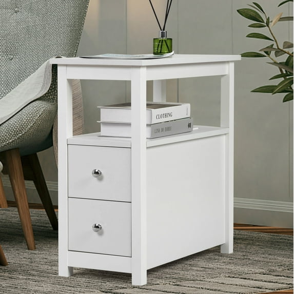 Side Table with Charging Station, End Table with USB Port and 2 Drawers for Bedroom Living Room, White, LJ410