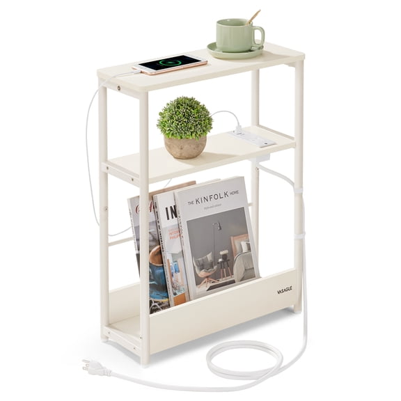 Side Table with Charging Station, Narrow End Table, 3-Tier Nightstand, Sofa Table Magazine Rack, for Living Room, Bedroom, Study, Cream White