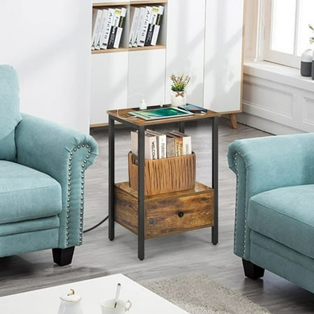 Side Table with Charging Station Narrow End Table w/Storage Drawer Power Outlets