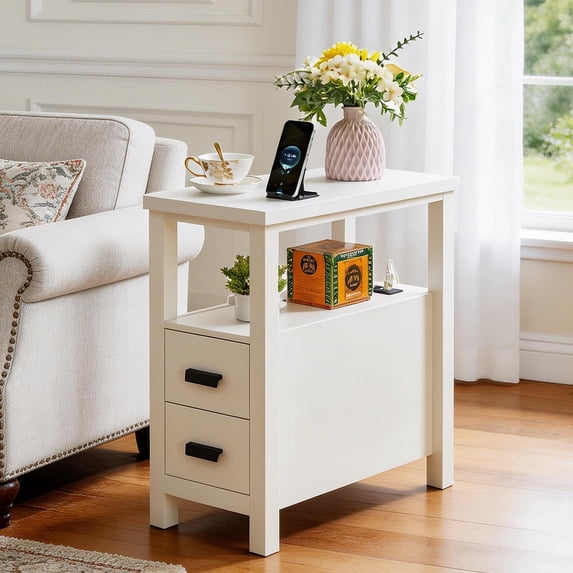 Side Table with Charging Station, Narrow End Table with USB Ports and Outlets and 2 Drawers,Small Wood Bedside Table for LivingRoom,Bedroom