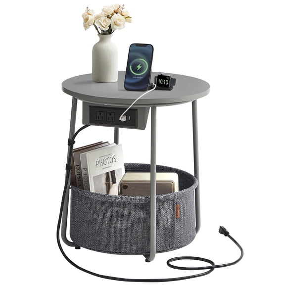 VASAGLE LILEA Collection - Side Table with Charging Station, Round End Table with Fabric Basket, Nightstand with USB Ports, for Living Room, Bedroom, Modern, Dove Gray and Slate Gray
