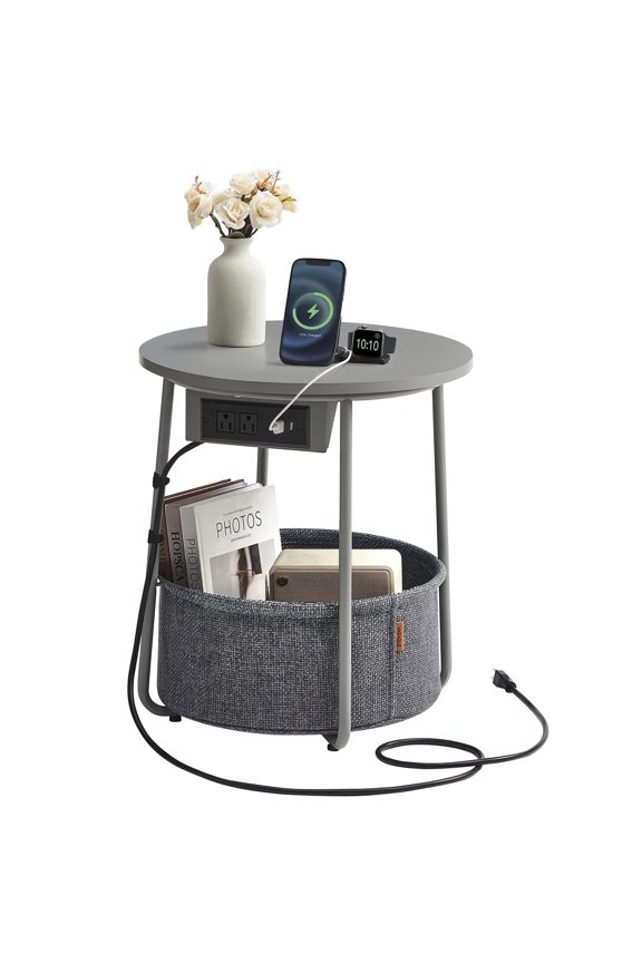 LILEA Collection - Side Table with Charging Station, Round End Table with Fabric Basket, Nightstand with USB Ports, for Living Room, Bedroom, Modern, Dove Gray and Slate Gray