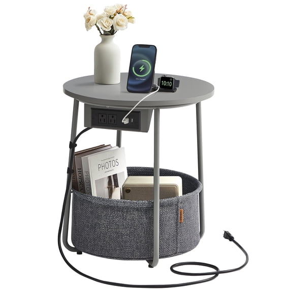 Round End Table with Built-in Charging Station - 2 Outlets & 2 USB Ports, Fabric Storage Basket, Sturdy Steel Legs - Nightstand for Bedroom, Living Room - Dove Gray