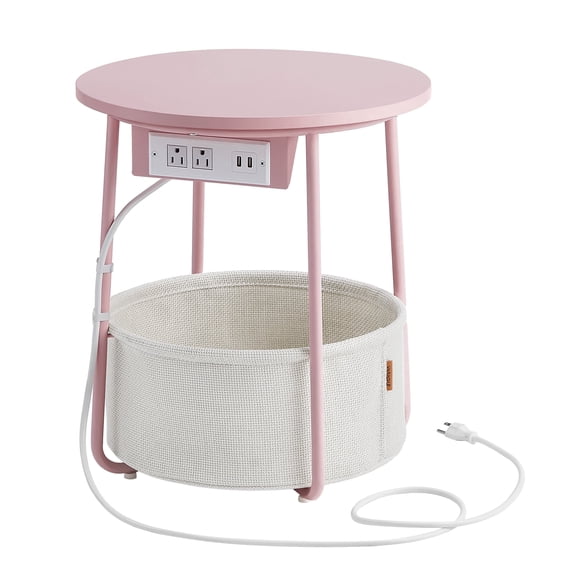 Side Table with Charging Station, Round End Table With Fabric Basket, Nightstand with Power Outlets USB Ports Jelly Pink and Cream White