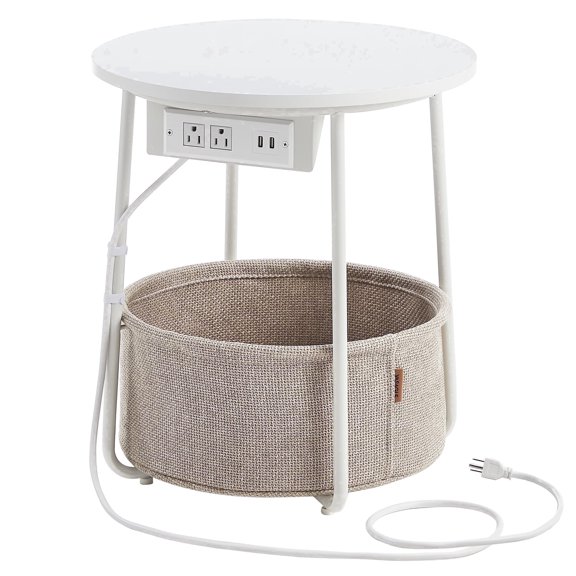 VASAGLE LILEA Collection - Side Table with Charging Station, Round End Table with Fabric Basket, Nightstand with USB Ports, for Living Room, Bedroom, Modern, Matte White and Camel Brown