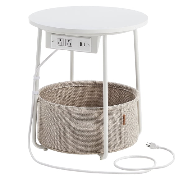Side Table with Charging Station, Round End Table With Fabric Basket, Nightstand with Power Outlets USB Ports Matte White and Camel Brown
