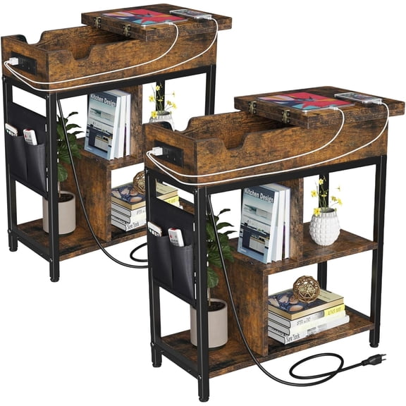 Side Table with Charging Station, Rustic Brown End Table with Flip Top, USB Ports & Outlets, Narrow Nightstand with Storage Shelf for Small Spaces
