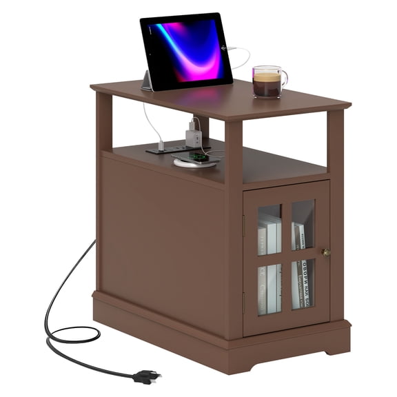 Side Table with Charging Station, USB Ports, Modern End Table with Storage, Living Room, Brown