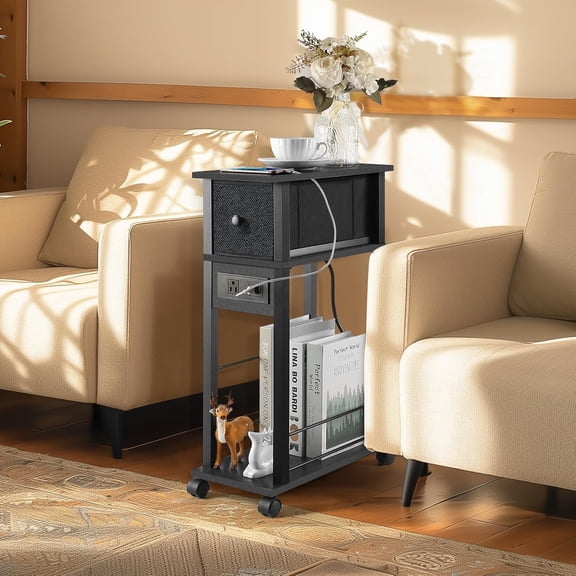 Side Table Set of 2 with Charging Station and Drawer