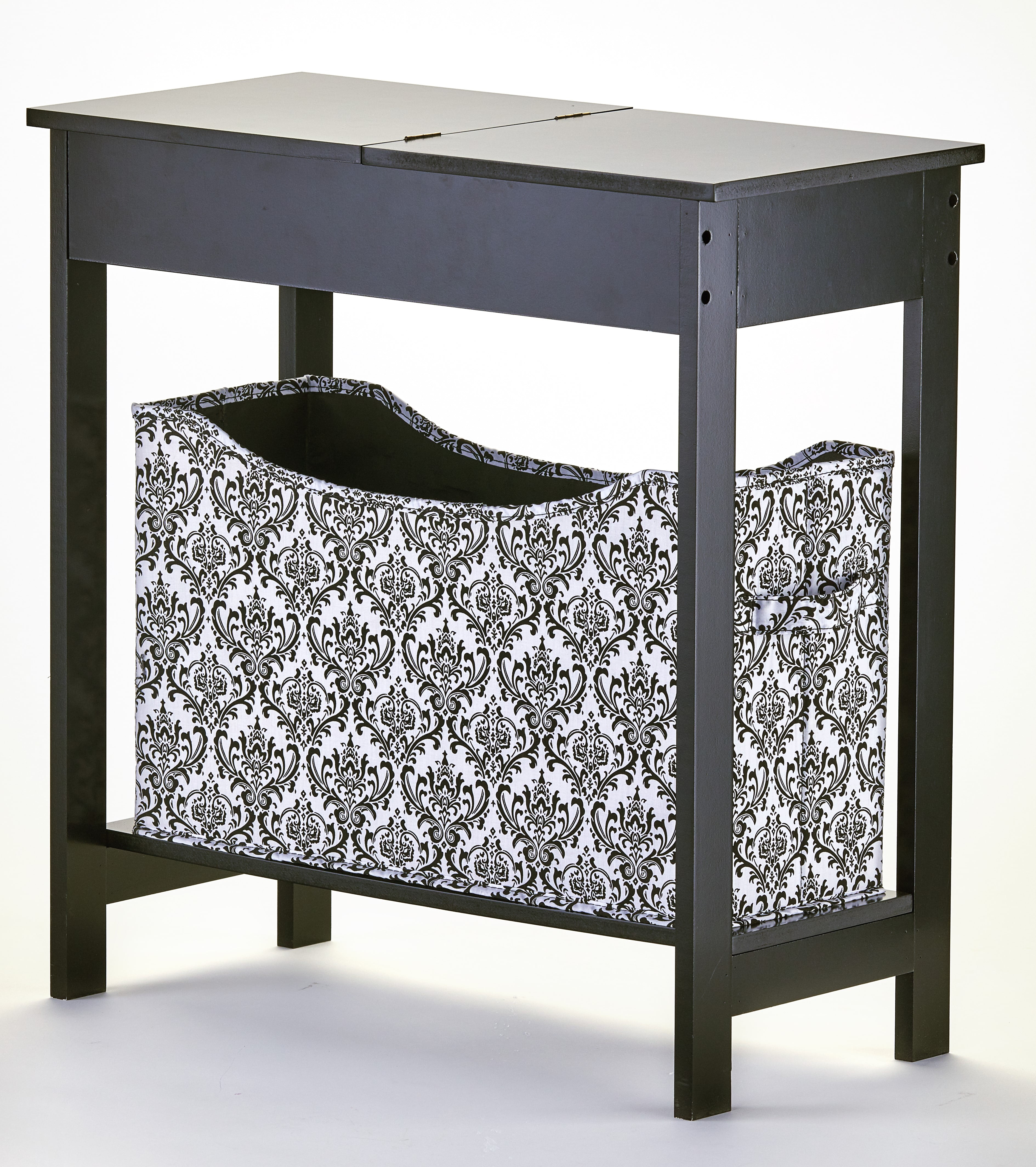 Black Gloss Rectangular Wood Side Table with Storage Bin