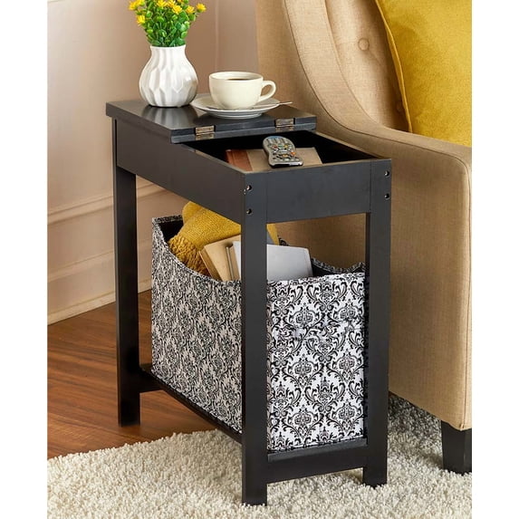 Narrow Wood Side Table with Flip-Top and Fabric Storage Bin