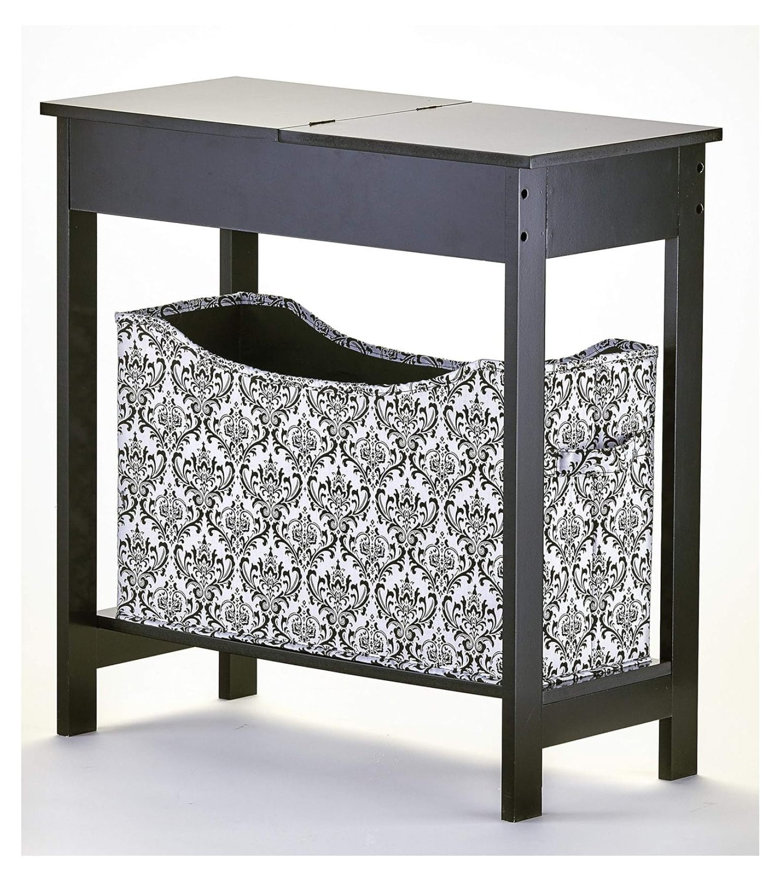 Black Gloss Rectangular Wood Side Table with Storage Bin
