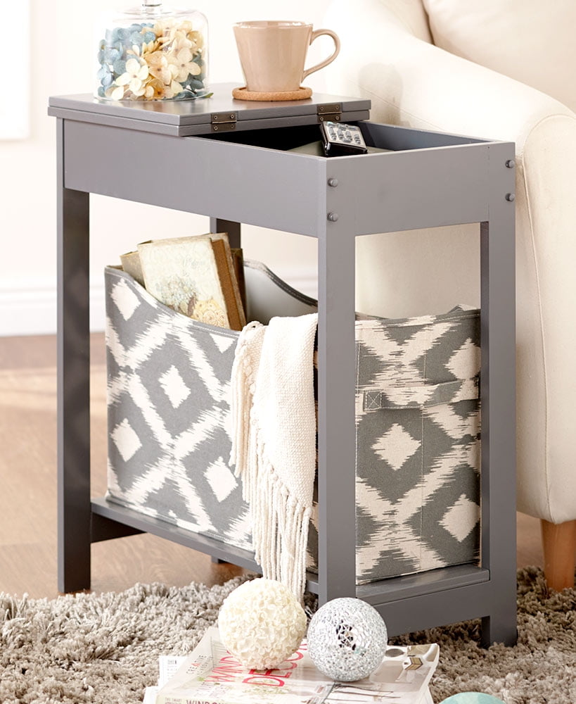 Gray Wood Side Table with Fabric Storage Bin
