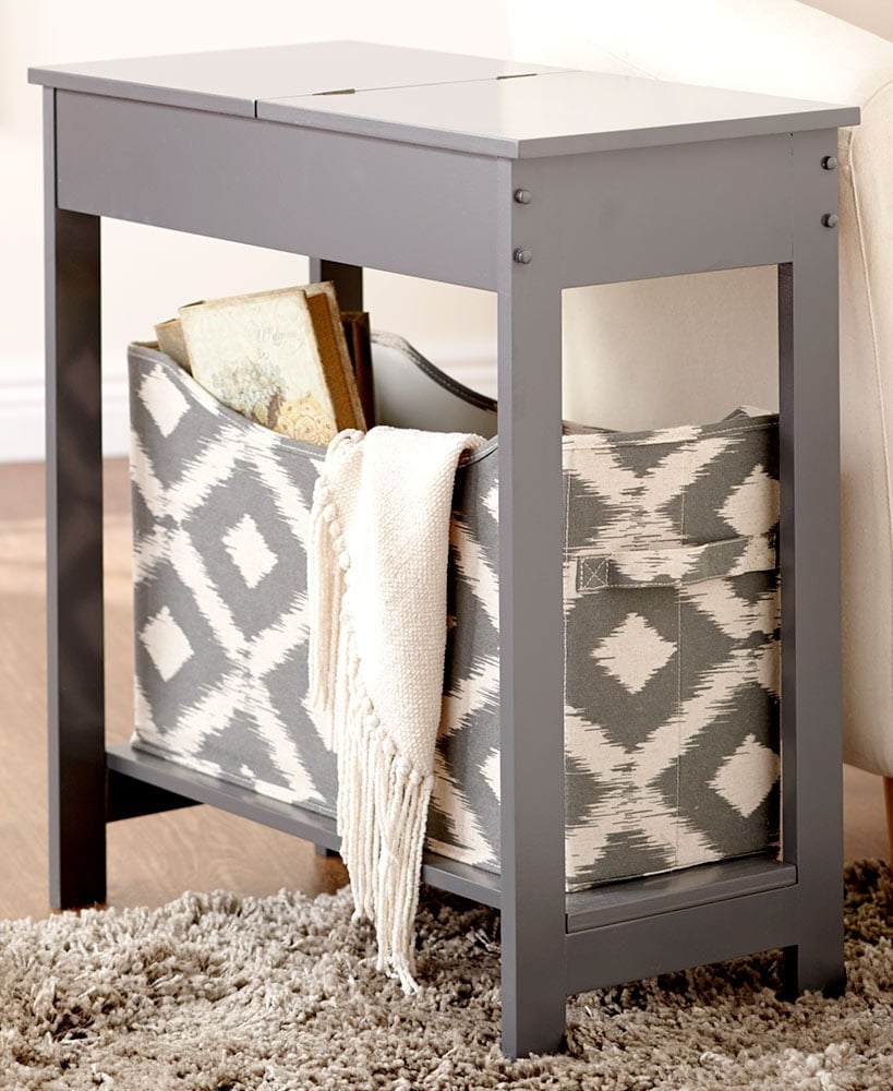 Gray Wood Side Table with Fabric Storage Bin
