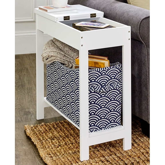 Narrow Wood Side Table with Flip-Top and Fabric Storage Bin