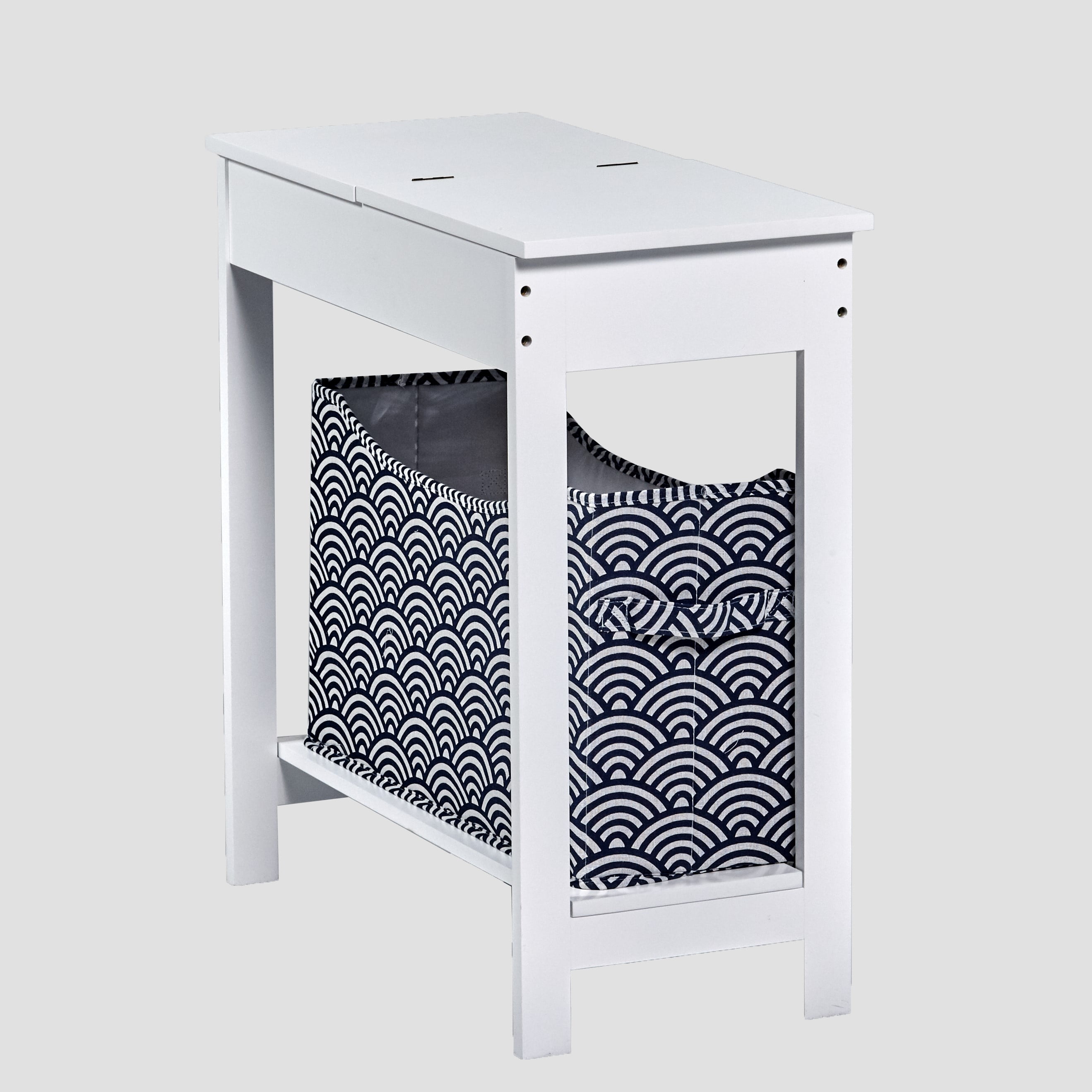 White MDF Side Table with Dark Blue Fabric Storage Bin