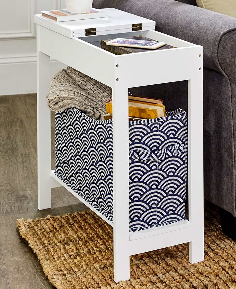 White MDF Side Table with Dark Blue Fabric Storage Bin