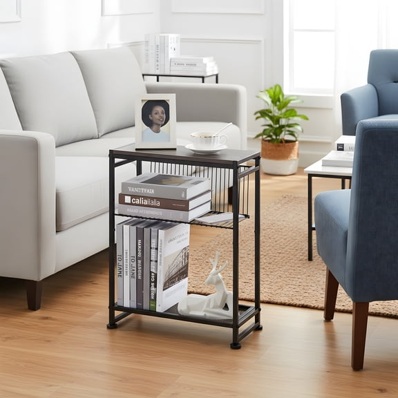 Side Table with Magazine Rack - Narrow End Table for Small Spaces - Retro Design