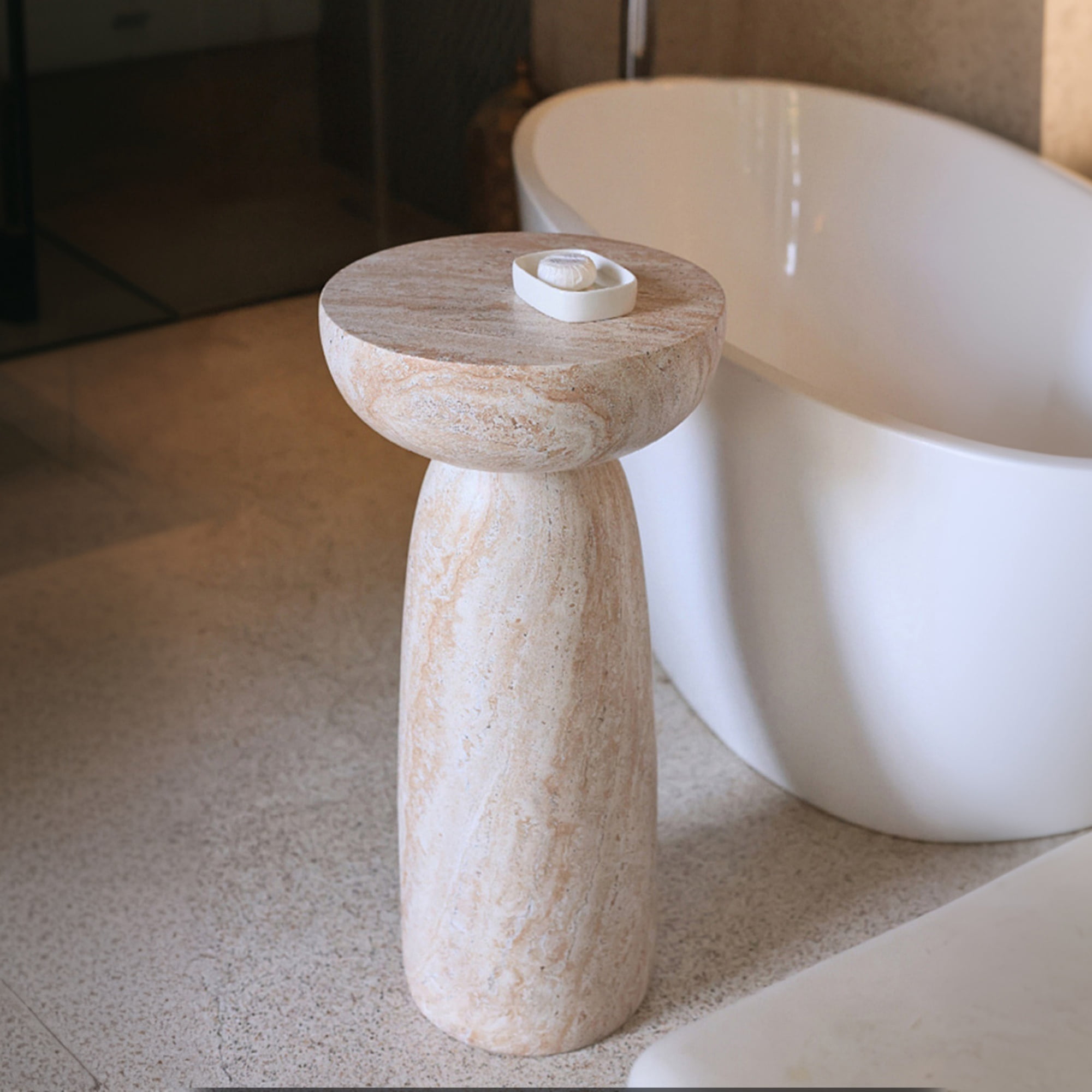 Side Table with Mushroom Shape and Natural Stone Grain, Waterproof Patio End Table and Accent Table for Balcony Yard Hallway, Beige White
