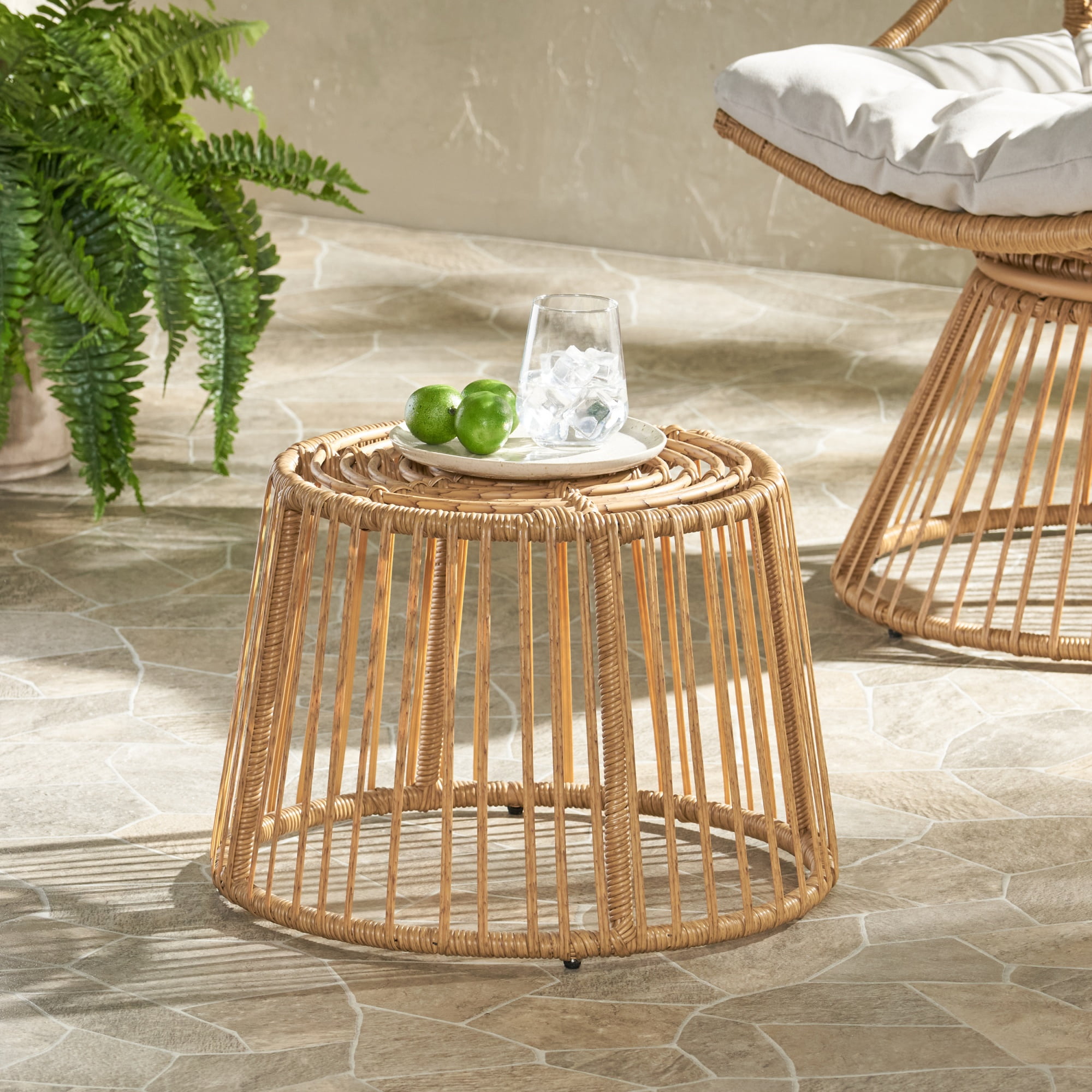 Side Table with Rattan Wicker and Cage Frame, Boho Patio End Table and Garden Accent Table for Outdoor Seating, Light Brown