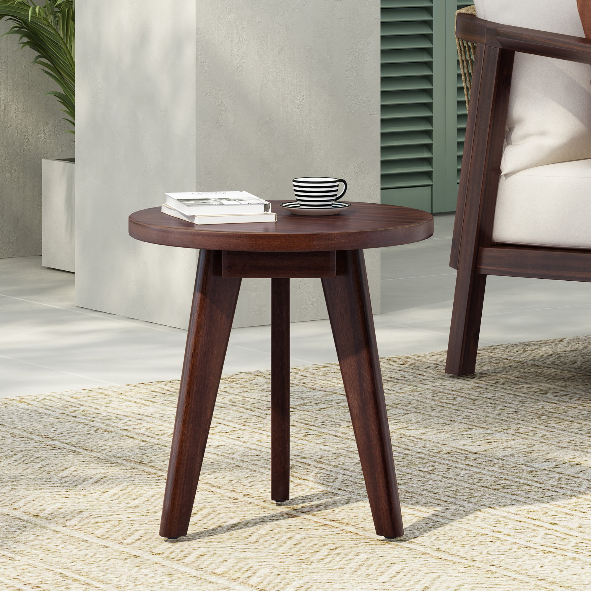Side Table with Round Acacia Wood Top and 3-Leg Design, Modern End Table and Nightstand for Bedroom Living Room, Dark Brown