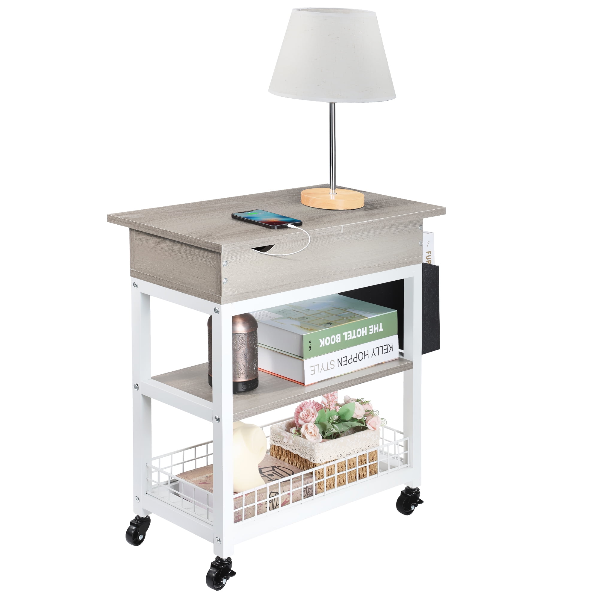 Side Table with Side Pocket Grid Basket, White