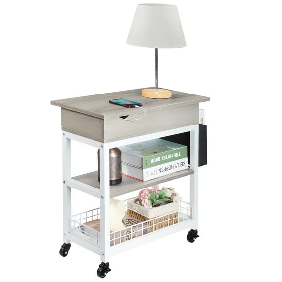 Side Table with Side Pocket Grid Basket, White
