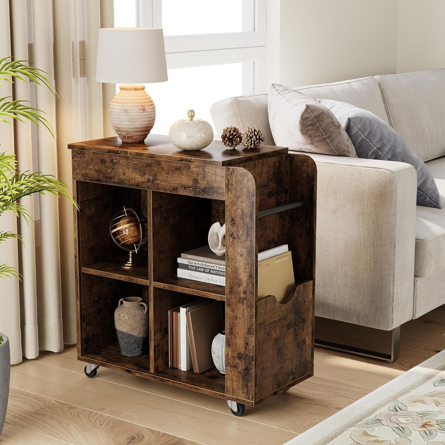 Side Table with Storage 27 Tall End Table with Rolling Wheels for Living Room Wood Side Tables Bedroom