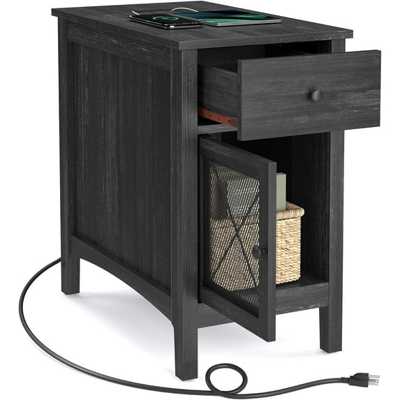 Side Table with Storage End Table with USB Ports and Outlets Nightstand Drawer Storage Cabinet Magazine Rack Charcoal Gray