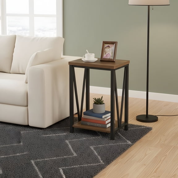 Side Table with Storage Shelf - Rustic Oak End Table for Living Room