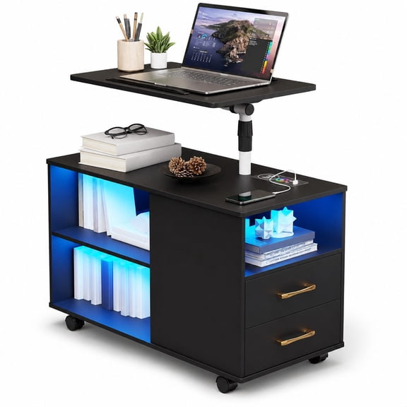 Side Table with Swivel Top and Charging Station, RGB Bedside Table with Motion Sensor, Storage Drawers and Open Shelves, 5 Casters (Black)