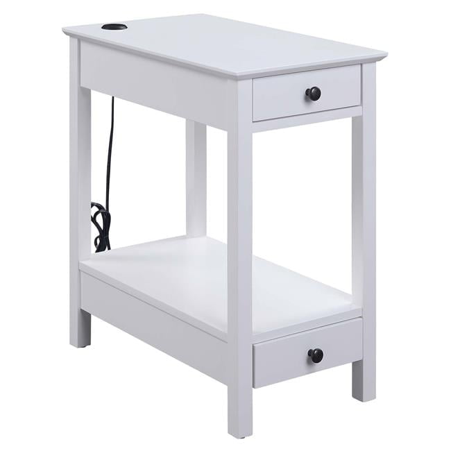 Modern White Wood Side Table with USB Charging Dock and Storage
