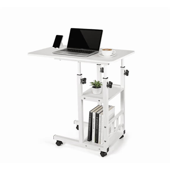 Side Table with Wheels Adjustable Height C Shaped Desk for Couch 3 Tier Storage Shelves White