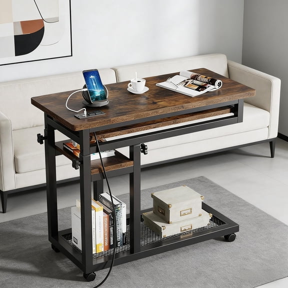 Side Table with Wheels,Durable Mobile C Table,Narrow Desk,Convenient Charging Station
