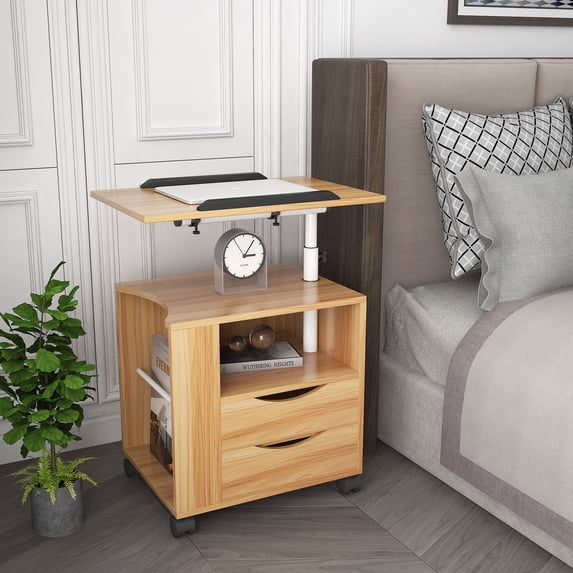 SYNGAR Nightstand for Bedroom, Overbed Desk Side Table with 360° Swivel Top, Wheels and Storage for Laptop Reading Eating, Natural, LJ1126