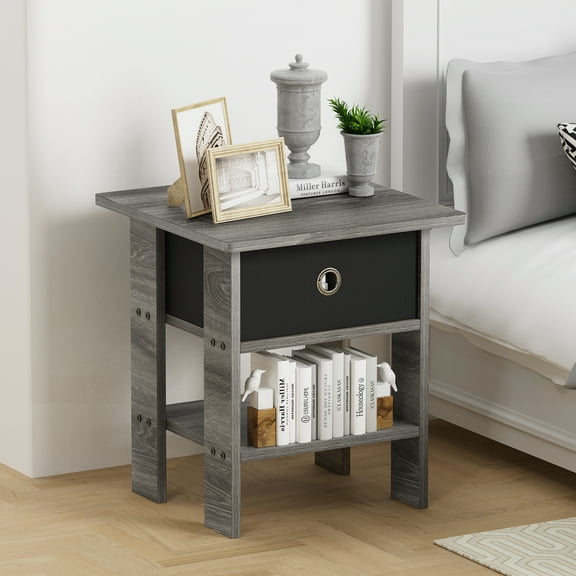 End Table Bedside Table with Bin Drawer, French Oak Grey 1 Pack