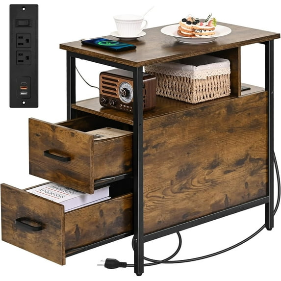 Side Tables with Charging Station, Narrow End Table with 2 Wooden Drawers, USB Ports and Power Outlets, Narrow Nightstand and Bedside Table, Side Tables Living Room, Bedroom, Brown