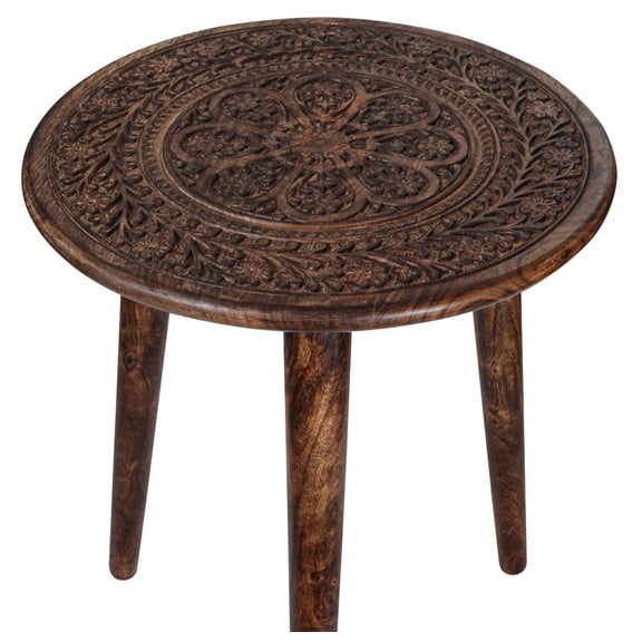 Side Tables Round with 3 Legs-Small Drink Table for Small Spaces, Modern Accent Nightstand with Hand-Carved Top & Solid Wood End Tables for Living Room, Bedroom,Office Burnt Finish_18x22