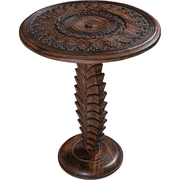 Side Tables Round Small Drink Table for Small Spaces, Modern Accent Nightstand with Hand-Carved Top & Solid Wood Tables for Living Room, Bedroom, Office Burnt Finish_18x22 Pine Styles