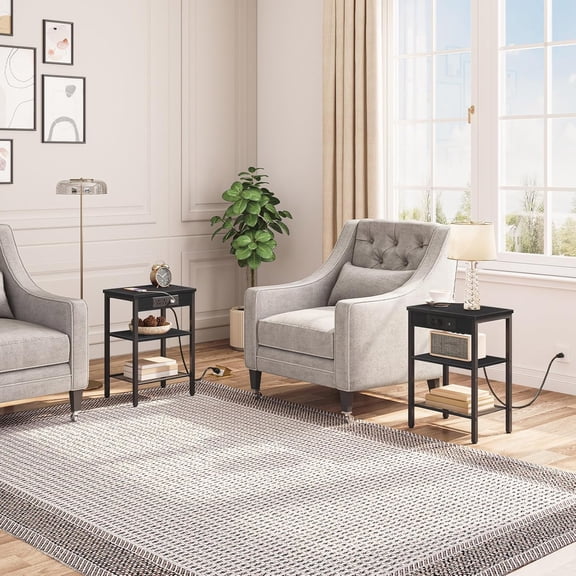 Side Tables Set of 2 with Charging Station and USB Port, Small End Tables for Small Space, 3-Tier Nightstands with Adjustable Shelf, for Living Room, Bedroom, Black BB112BZP201