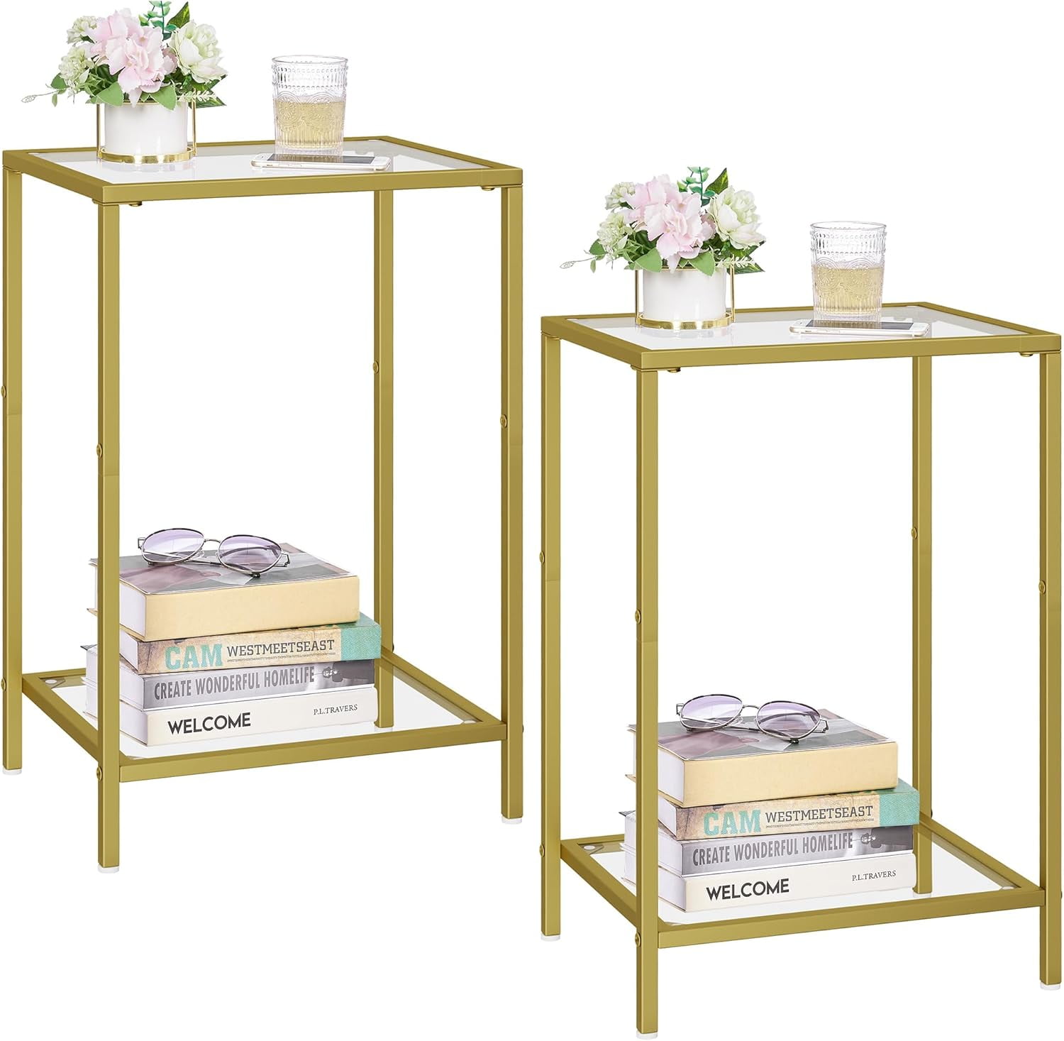 Side Tables Set of 2, End Tables with Tempered Glass, 2-Tier Nightstands with Storage Shelves ...