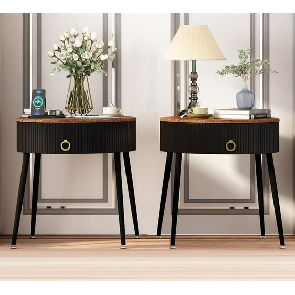 Tables Set of 2, Round Nightstand with Drawer, Modern Bedside End Tables for Small Space, Living Room, Bedroom, Office, Dorm, Rustic Brown and Black