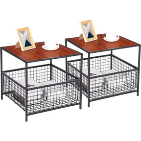 Side Tables Set of 2, End Table w/Wire Storage Basket, Small Fridge Stands Coffee Tables Nightstands for Living Room Bedroom