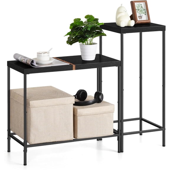 Side Tables Set of 2, Narrow Console Table, Black Metal Frame End Table for Living Room Bedroom Entryway