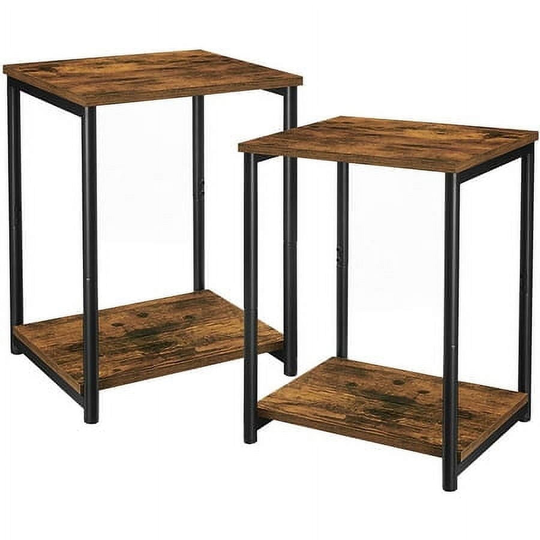Rustic Brown and Black Metal Rectangular Side Table with Storage Shelf