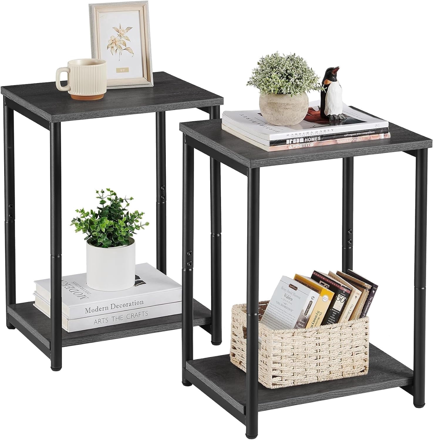 Side Tables Set of 2 Small End Table Nightstand for Living Room Bedroom Rectangle Misty Gray and Classic Black