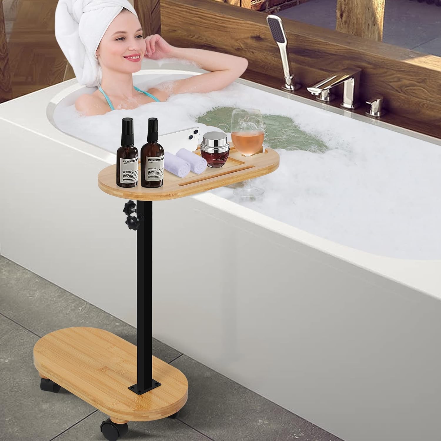Side Tub Table with Wheel Bamboo Bathtub Caddy Tray,Bathtub Tray Table