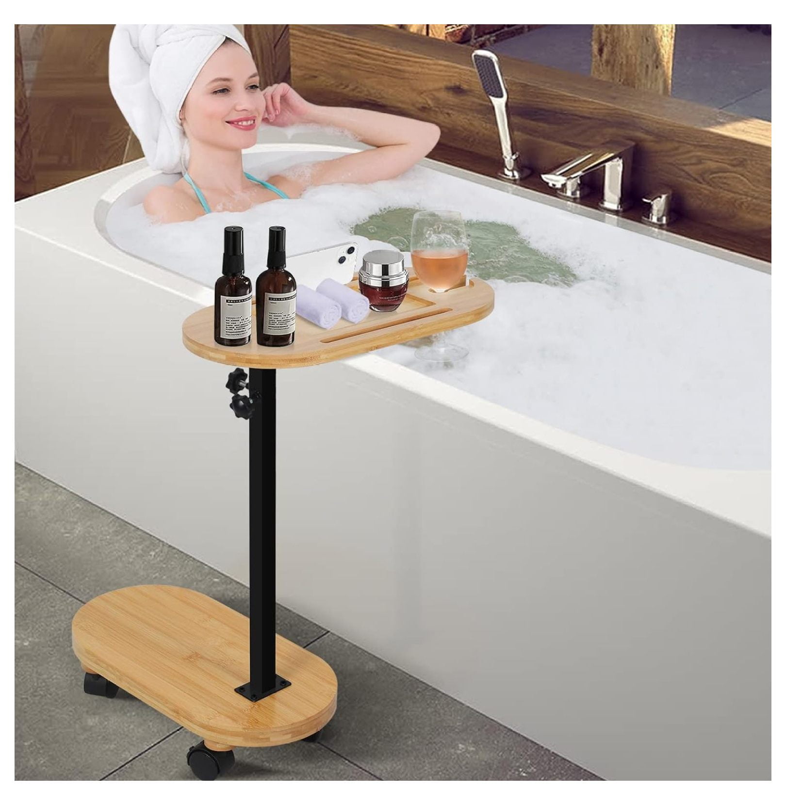 Side Tub Table with Wheel Bamboo Bathtub Caddy Tray,Bathtub Tray Table